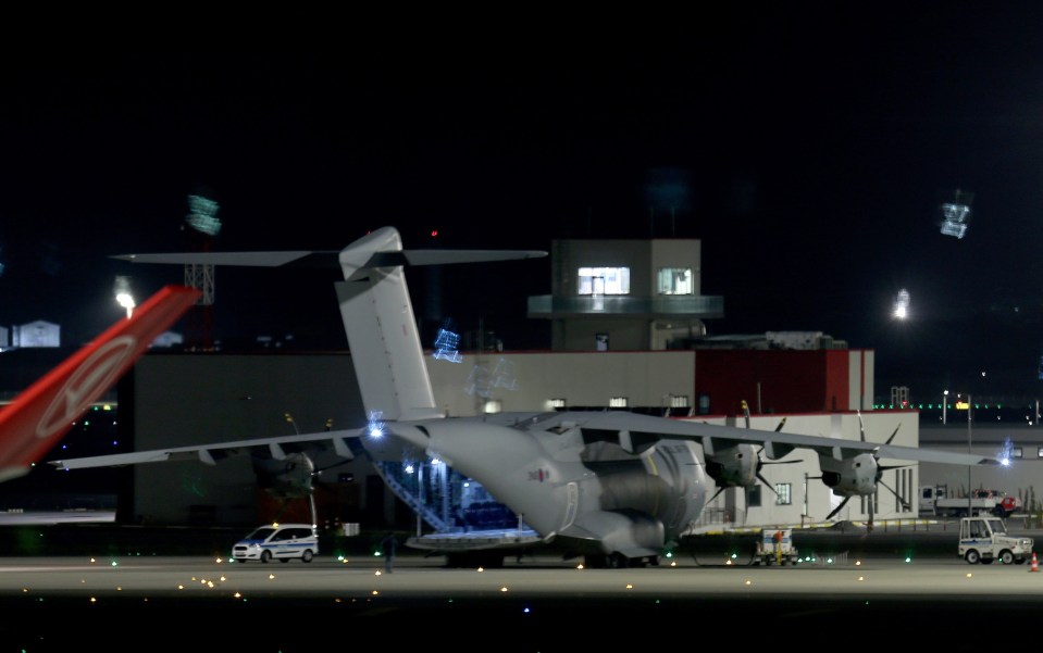 The Airbus A400M type military cargo plane of the British Royal Air Force (RAF) is seen following its arrival at the Istanbul Airport to load health equipment