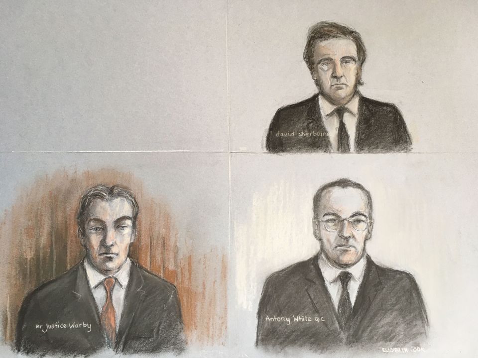  Mr Justice Warby (bottom left) Antony White QC, for Associated Newspapers (bottom right) and David Sherborne the lawyer representing the Duchess of Sussex, during a virtual High Court hearing