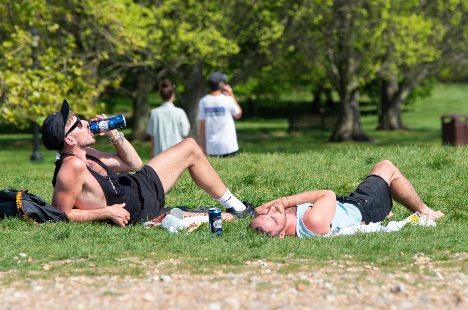  Two men enjoyed a couple of beers on Hampstead Heath today