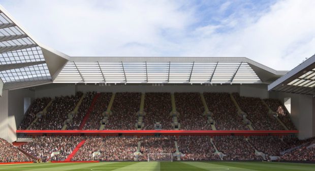 This is how the expanded anfield Road end should look - but a year later than planned