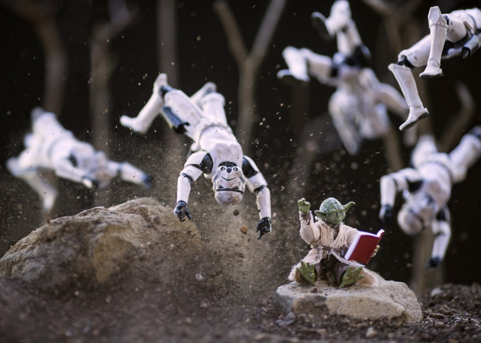 Star Wars 'baddie' Stromtroopers fight with Yoda — Jedi master of the 'force' and all round wise old 'goodie'