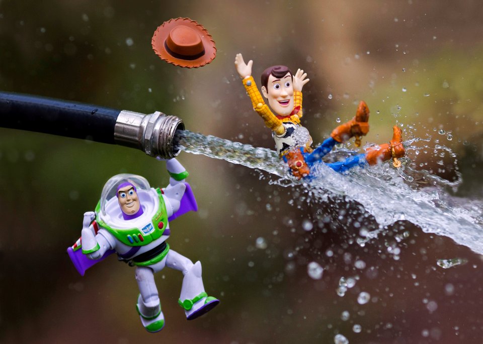 Photographer Mitchel Wu captures Toy Story’s Woody and Buzz taking a hose trip to the infinity pool and beyond