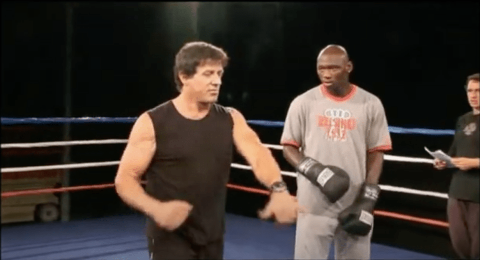  Stallone works on set with Tarver during the filming of Rocky