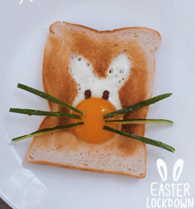 She made bunny toast for Joe at Easter by cutting a rabbit shape from a slice of toast - and plopped an egg in it with Coco Pops for eyes