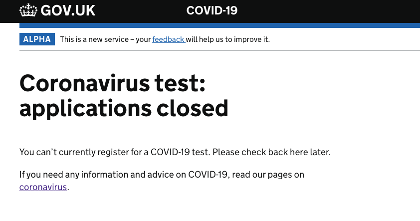  The Government website stopped accepting applications for home testing kits in minutes