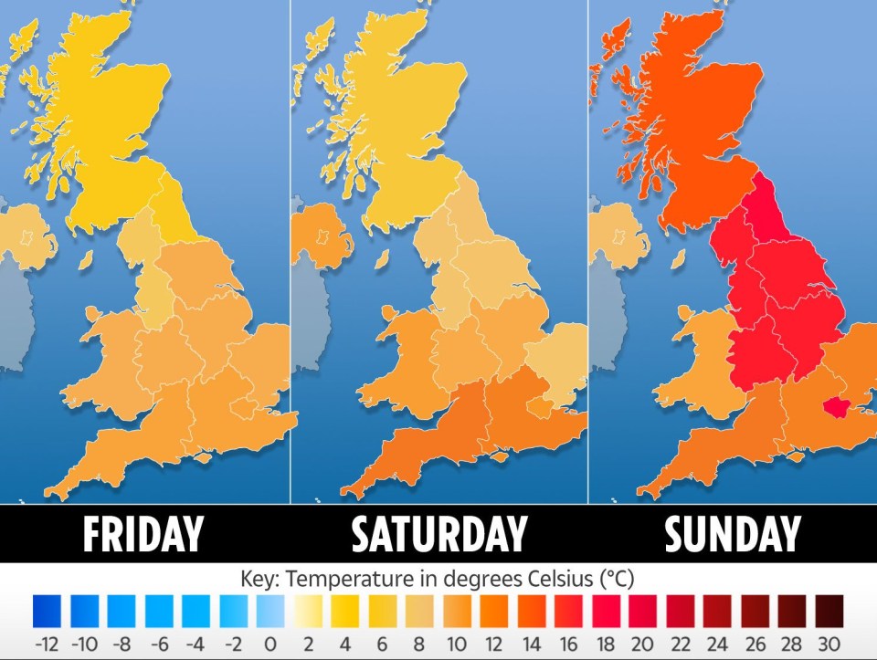 Temperatures will soar at the weekend