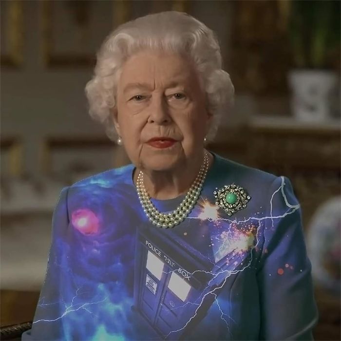 The Queen is known to be a big Dr Who fan so this could be her shirt