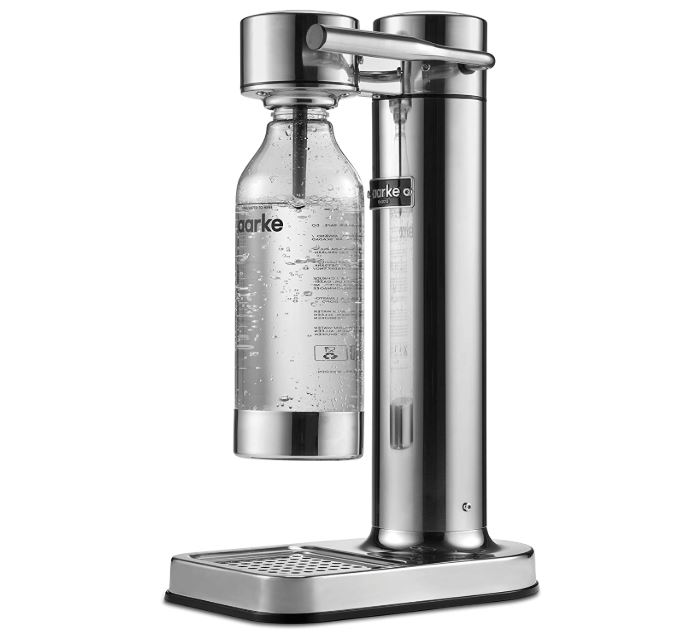  This stylish water carbonator comes in a stainless steel casing