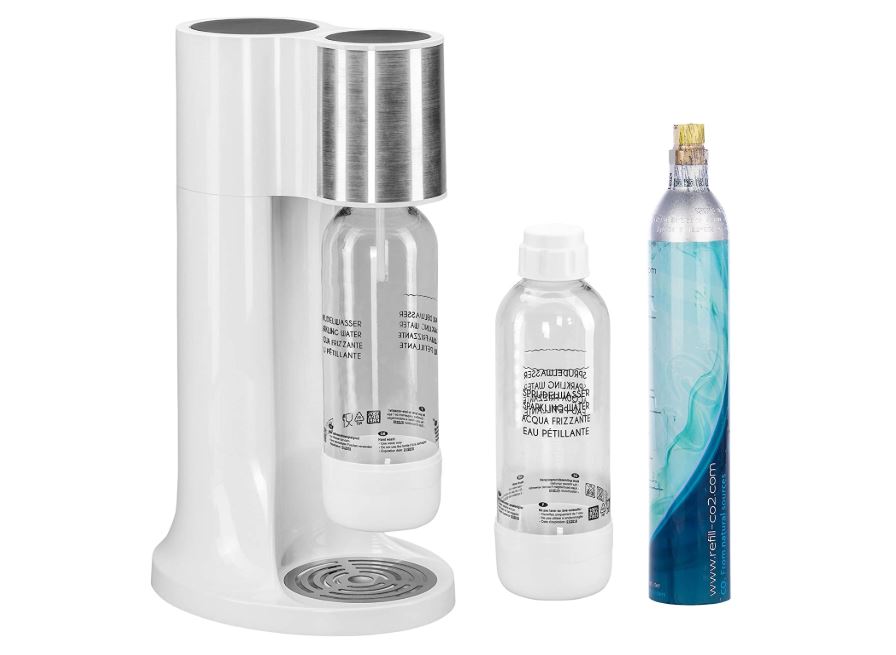  This water carbonator set from Levivo includes two bottles and a CO2 cylinder