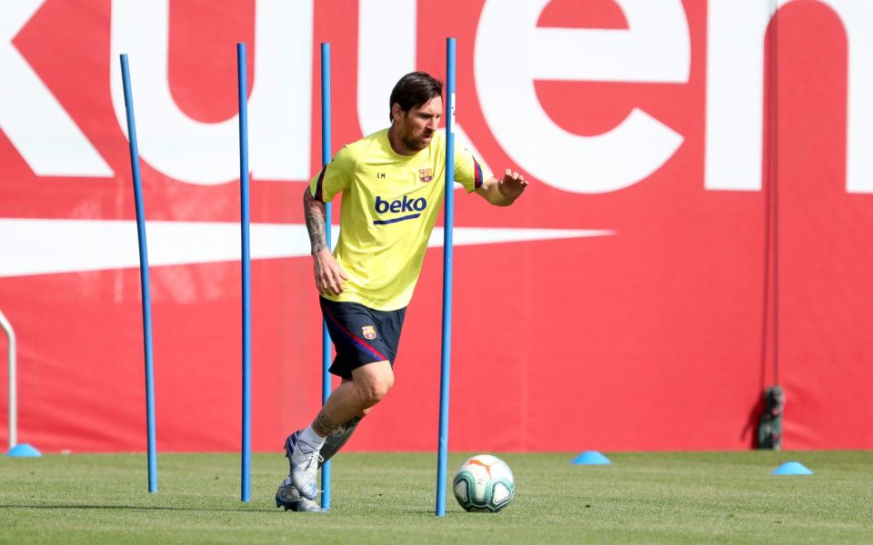  The Argentine superstar was captured dribbling through posts as he prepares for LaLiga to resume