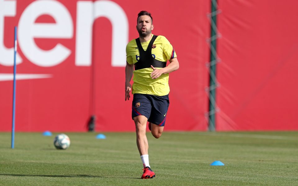  Barcelona defender Jordi Alba takes to the training pitch after Spain eased lockdown measures this week