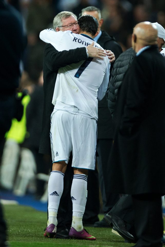 Ronaldo and Ferguson embrace at the end of a Champions League match between Man Utd and Real Madrid in 2013