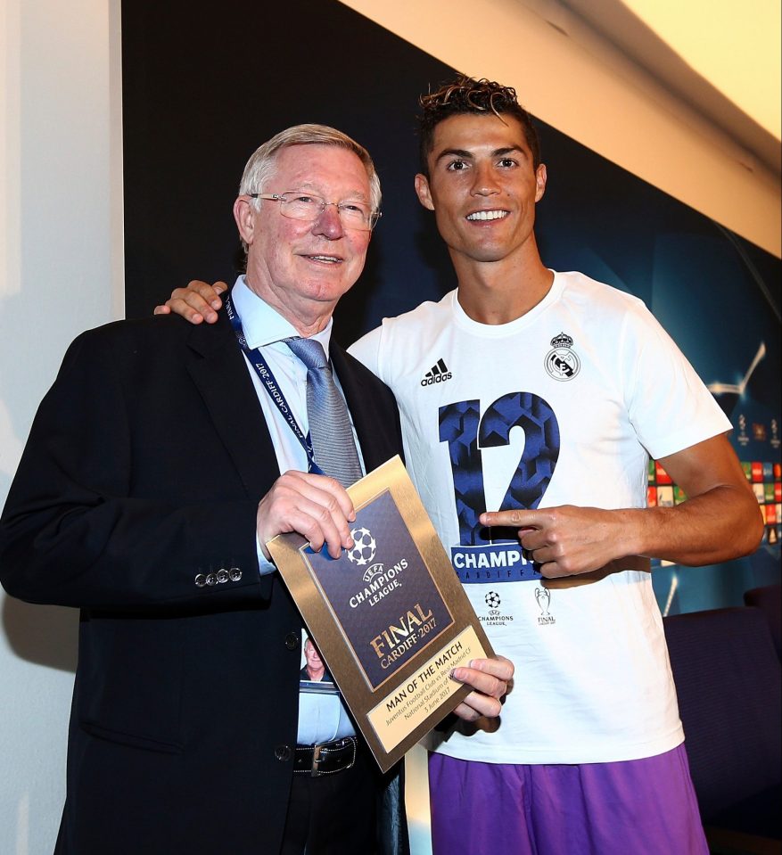 Ronaldo is given his man of the match award by Sir Alex after the Champions League final in 2017