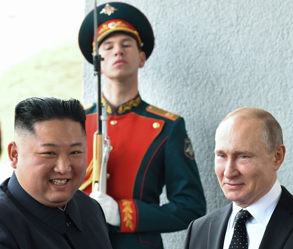 Kim - seen here with Vladimir Putin in 2019 - did not attend the ceremony