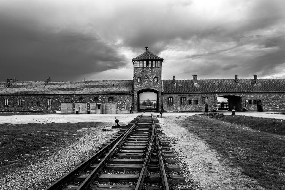  The main guard house and train tracks at Auschwitz II-Birkenau extermination camp, Oswiecim, Poland