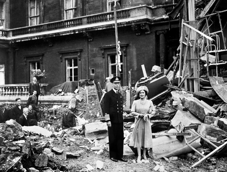  The Blitz destroyed much of London as the war raged in Europe. Pictured, King George VI and the Queen Mother stand amid the bomb damage at Buckingham Palace