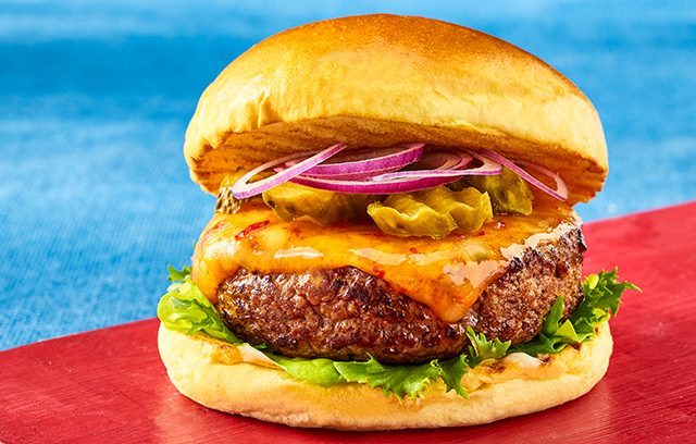  This succulent treat has a spicy kick, if you are feeling flush you can swap the burger for strips of prime steak