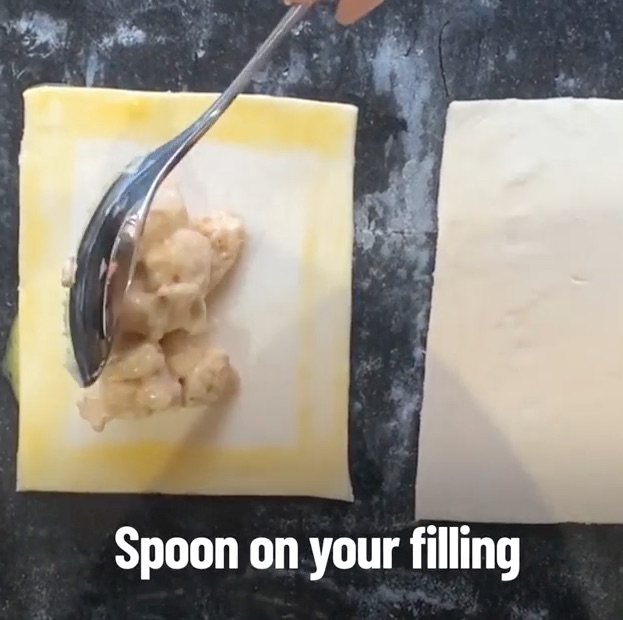 Once you have made your filling spoon it into your pastry rectangles