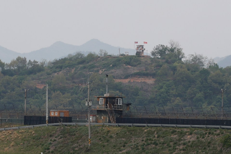  Military guard posts of North Korea, top, and South Korea, bottom, are seen at the border in Paju