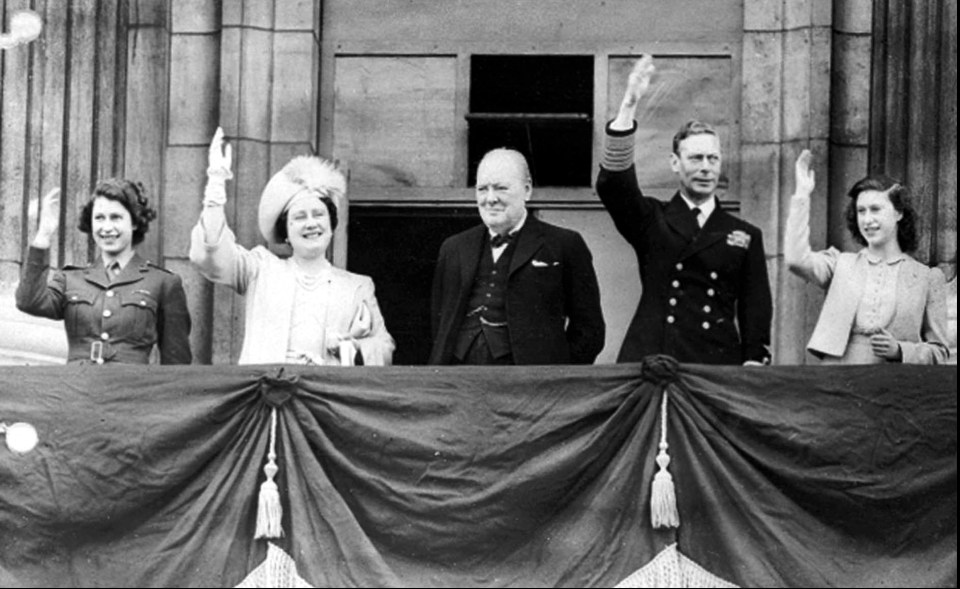  Then-Princess Elizabeth, left, with her mother, PM Winston Churchill, her father King George VI and sister Margaret