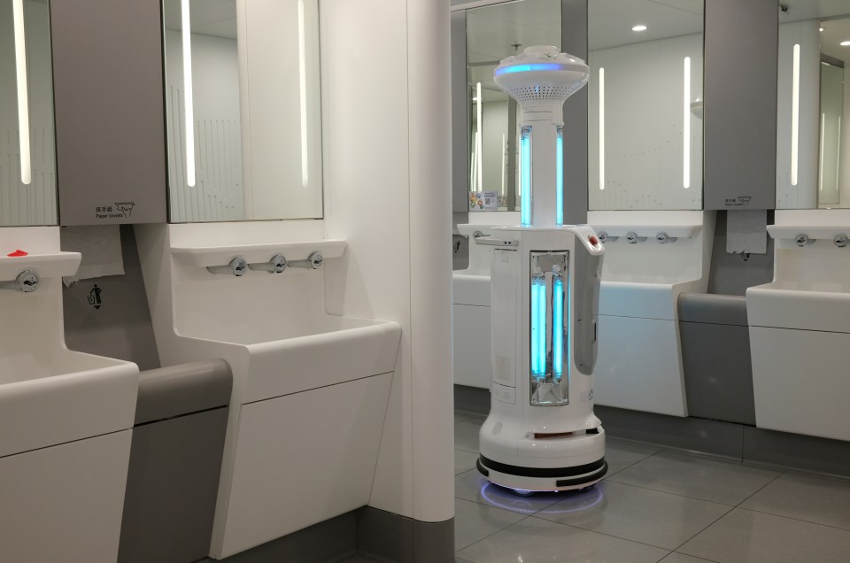  An Intelligent Sterilization Robot sanitizes a toilet at Hong Kong International Airport on May 7