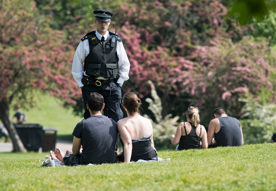  Police speak with people relaxing in a park