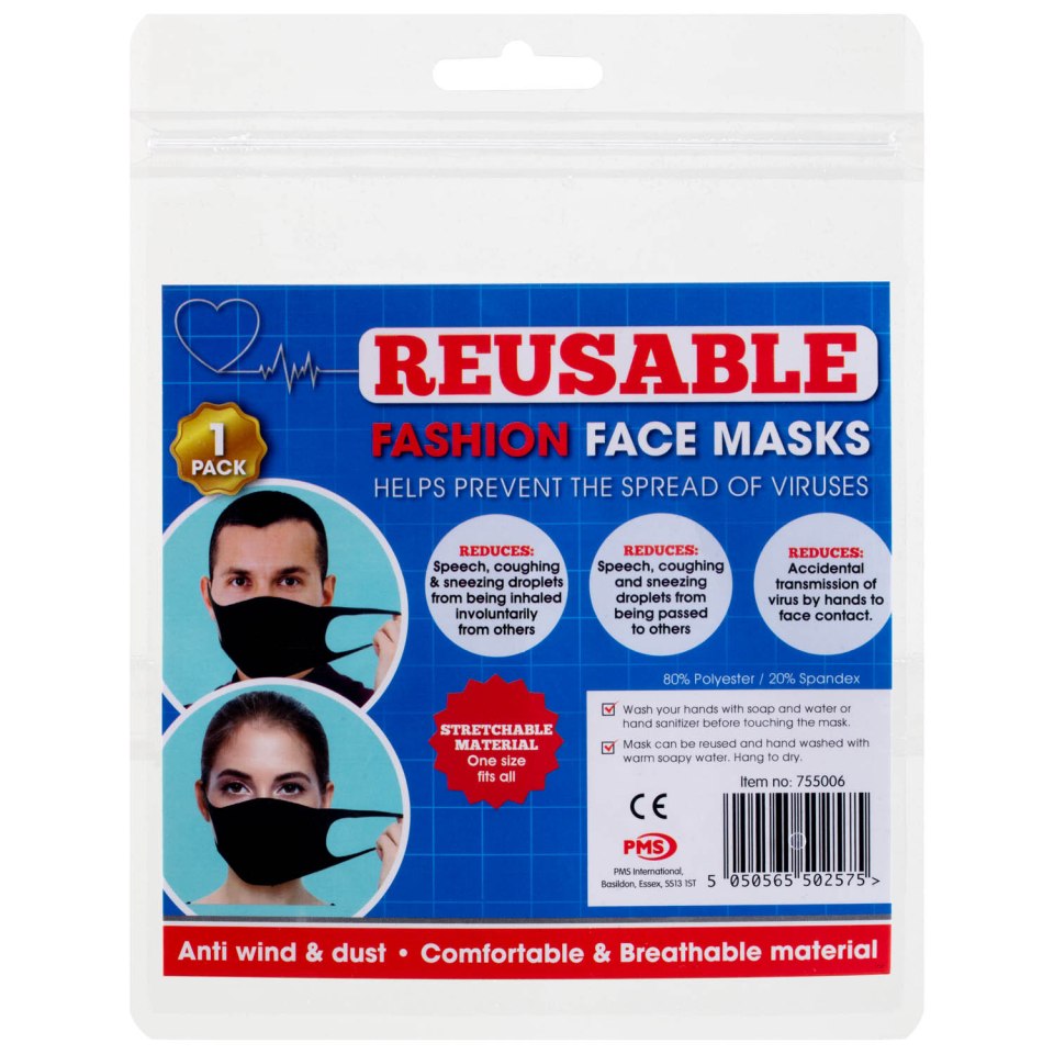 The reusable face mask is made out of polyester and spandex