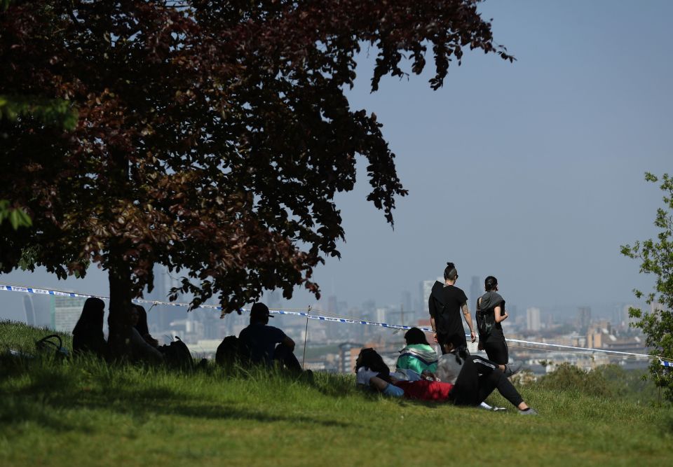  People taking views of the City of London from a closed-off viewing area in Greenwich Park