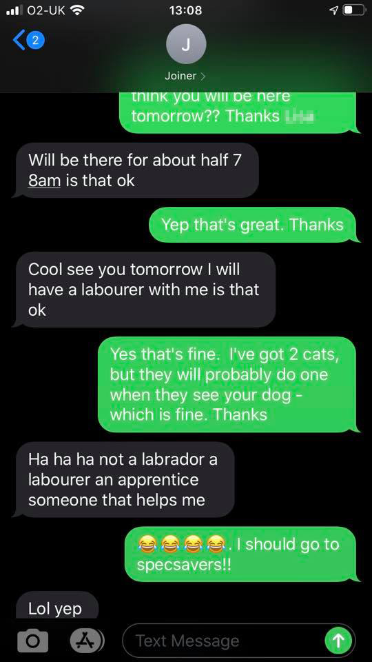 The woman shared a conversation she was having with her builder online after making a hilarious mistake