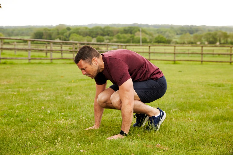  Get into a press-up position. Keeping your arms straight, jump both feet forward in to the squat position