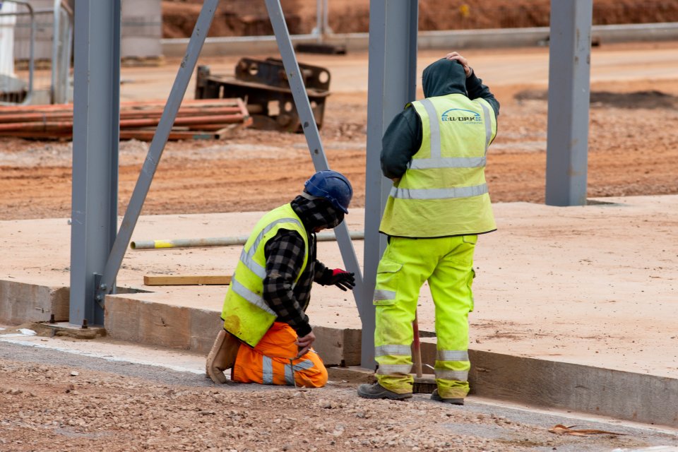  Construction workers on a site at Emersons Green near Bristol as Britain returned to work