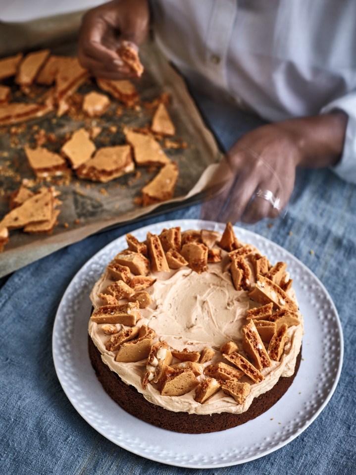  The title of this recipe is as much of a mouthful as the cake itself. It’s like banana bread, but covered with peanut-butter icing and home-made honeycomb. I could explain further but I think that says it all. It’s not an awful mouthful to have, I suppose