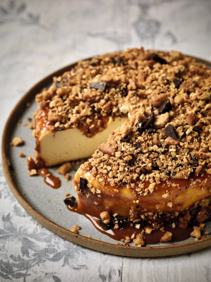  Here I’ve baked a cheesecake without any base at all, and instead topped it with honey salted caramel and a chocolatey tiffin ­mixture. It’s essentially a flipped-over ­version of the classic, but all the best cakes are a little back to front!