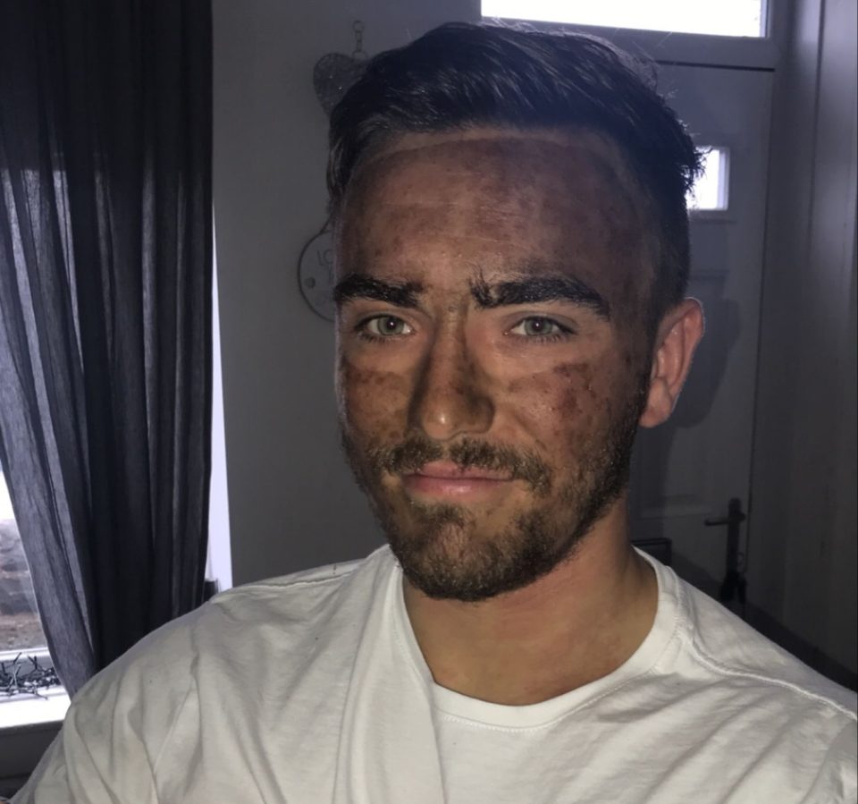  Sales manager Jak Rennison was forced to give a work video presentation while covered in super-strength fake tan