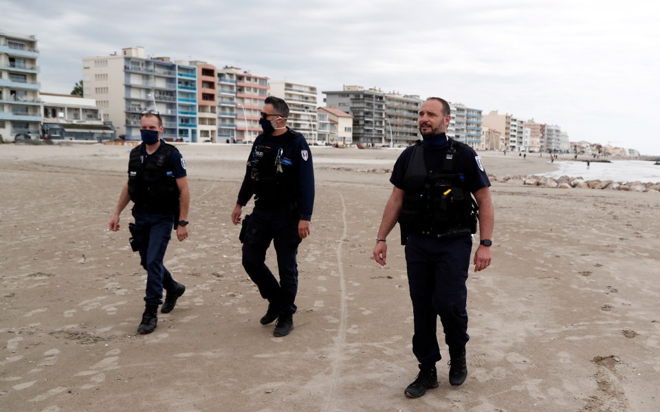  French police patrol on the beach of Palavas le Flots