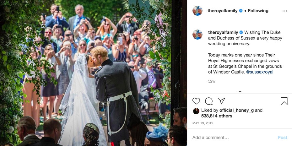 Last year, The Queen shared a photo of Harry and Meghan kissing on the steps of St George's Chapel to mark their wedding anniversary