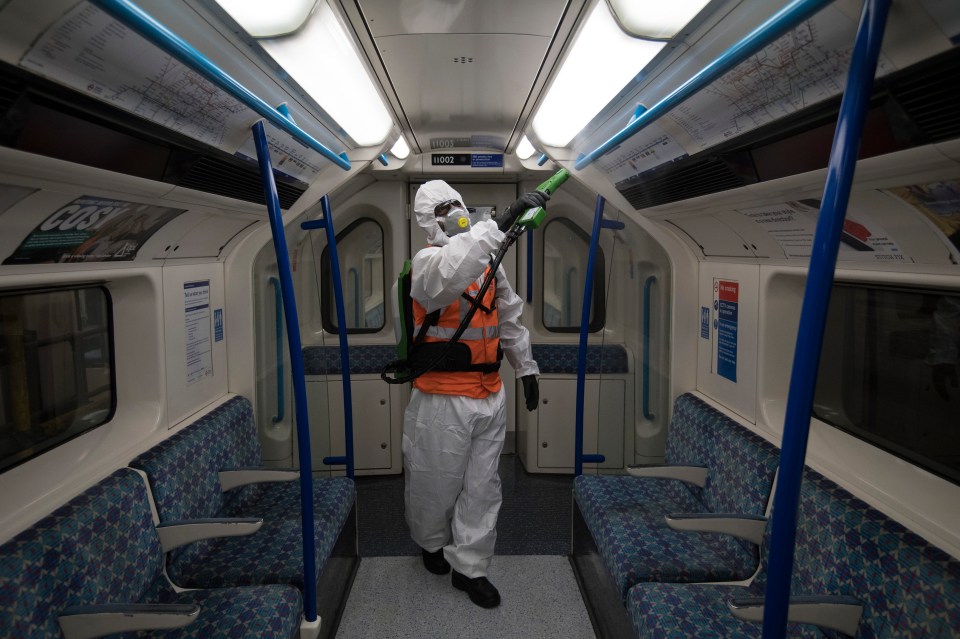 A Tube carriage is cleaned during the pandemic