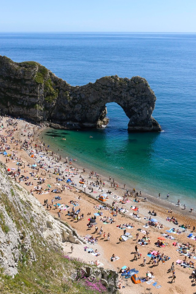 Visitors packed the beach at Durdle Door today