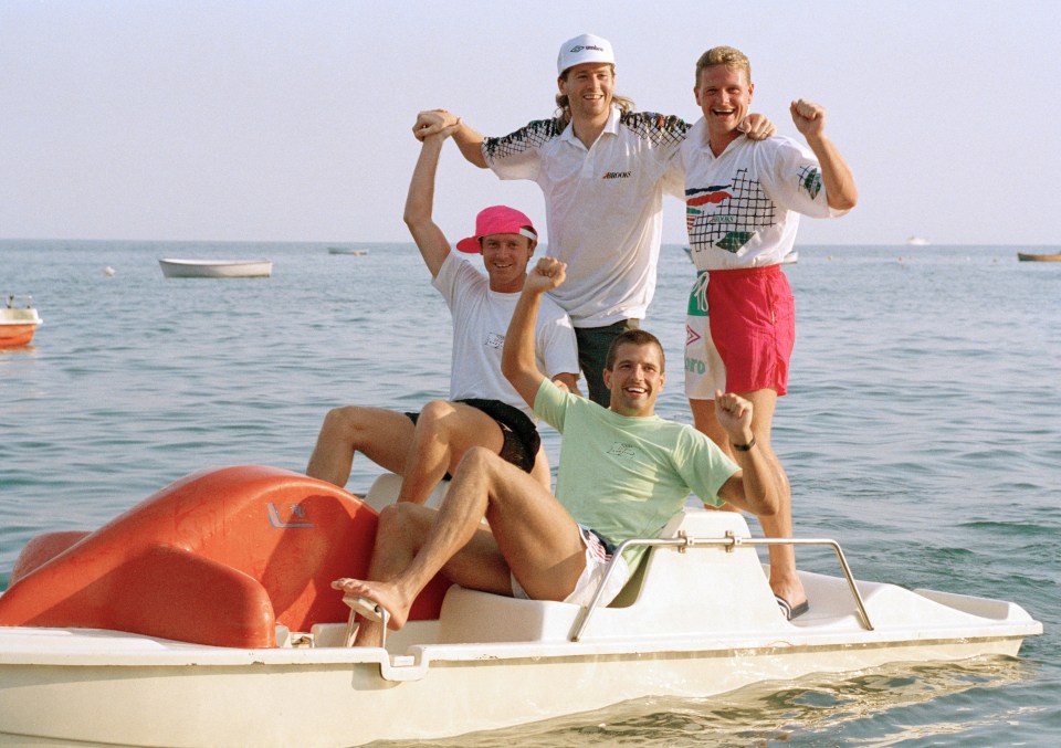  England stars Steve McMahon (seated, left), Steve Bull (seated, right), Chris Waddle (left) and Gazza relax on a pedalo in the Bay of Naples