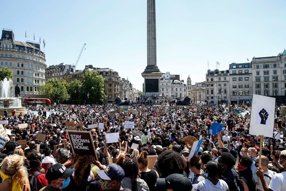  George Floyd's death has sparked protests across the world. Protesters gather in Trafalgar Square in London