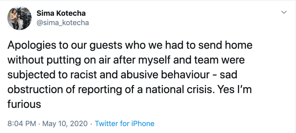 Ms Kotecha tweeted an apology after being forced to cancel a live broadcast on the PM’s speech