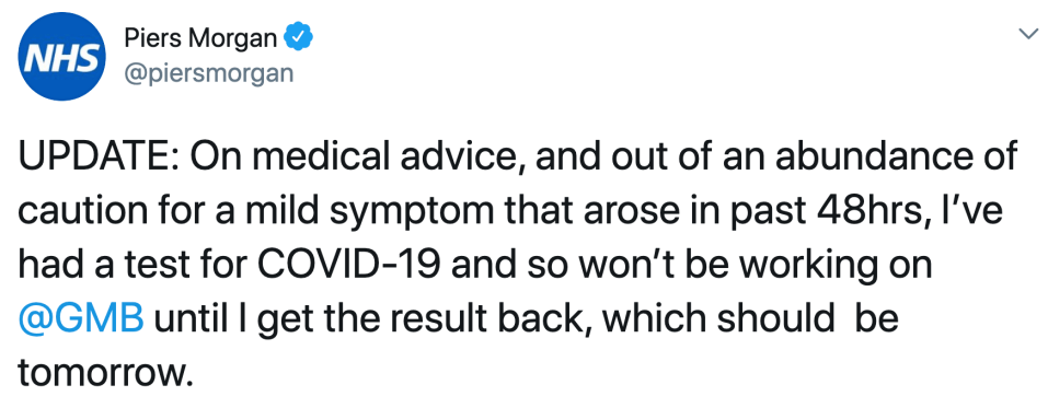 Piers announced that he would be taking time off out of ‘an abundance of caution’