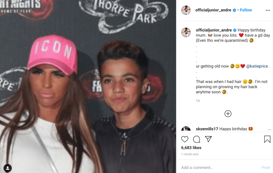  Katie Price's son Junior wishes her happy 42nd birthday and jokes she's 'getting old now'