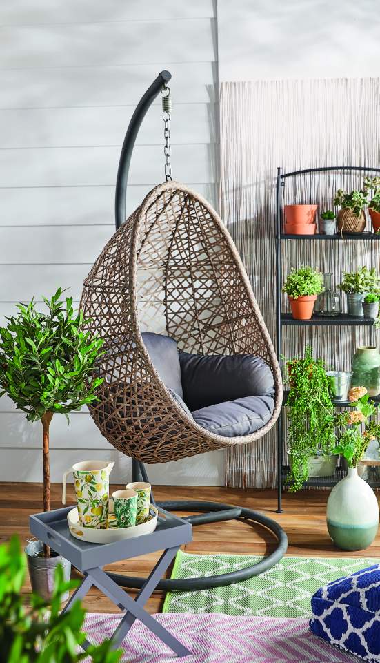 Hanging egg chairs (Aldi's version pictured) are hugely popular with celeb fans including Mrs Hinch and Stacey Solomon