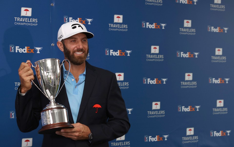 Dustin Johnson celebrates winning the Travelers Championship