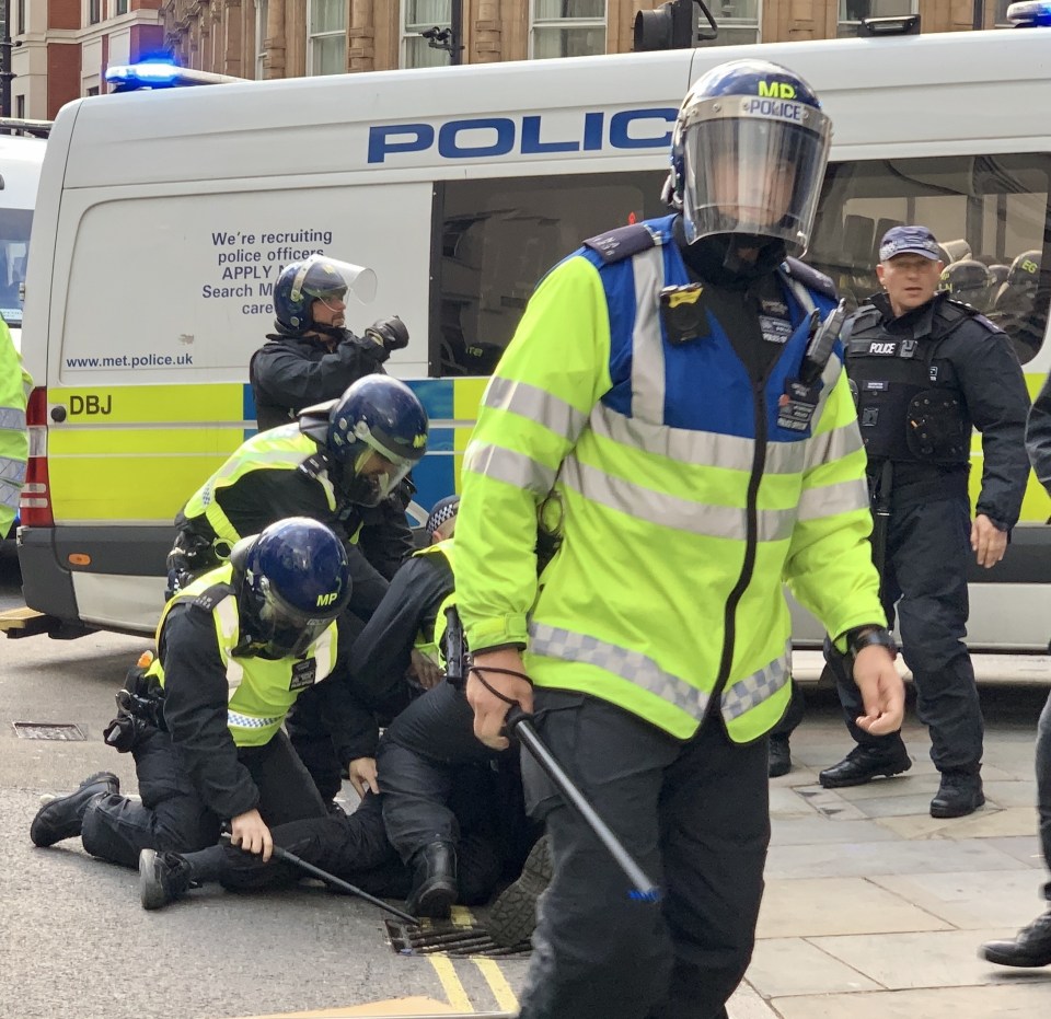 Cops detain a protester outside Waterloo Station