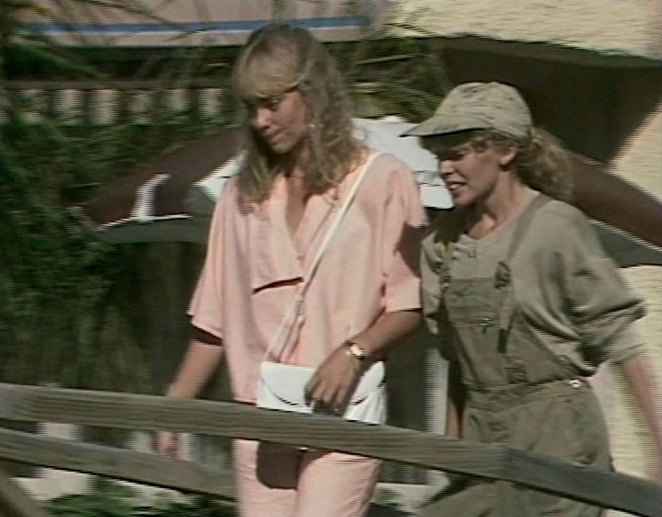 Annie’s character transformed from spectacle-wearing schoolgirl to blonde bombshell. Pictured with Kylie Minogue on the soap