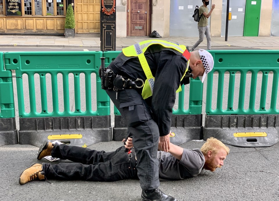 Police detain a protester after groups clashed yesterday afternoon