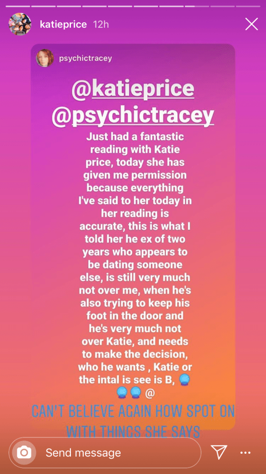  Katie Price's medium, Psychic Tracey, has revealed her thoughts on the star's love life after a reading