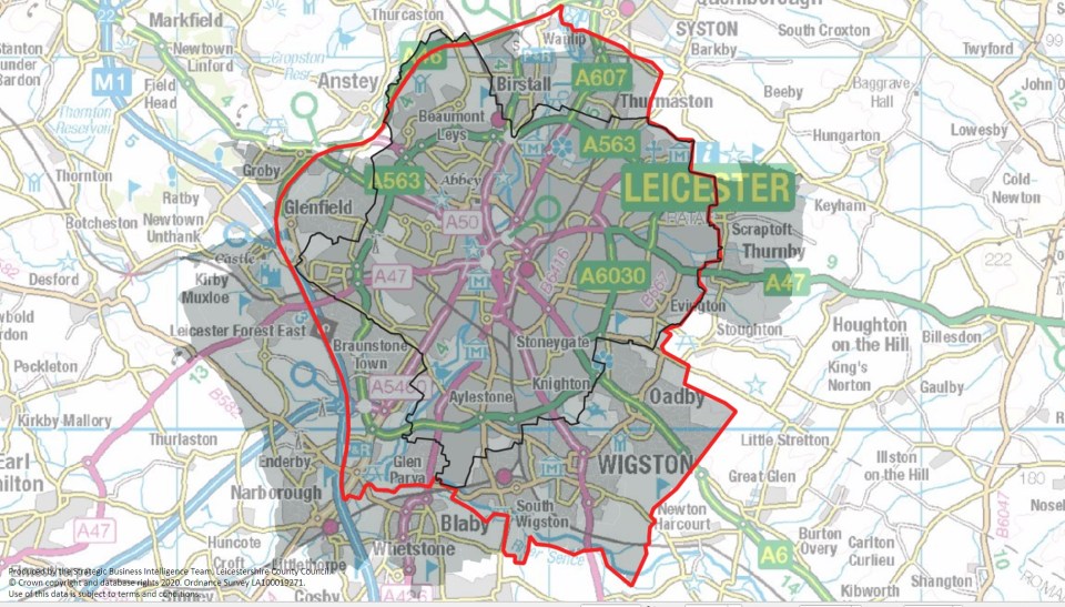 The border showing how Leicester has been put into lockdown